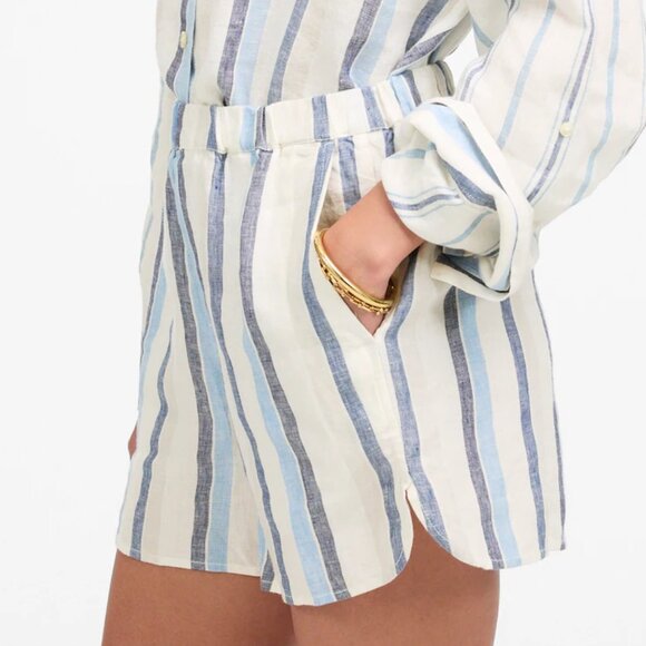 Madewell Curved Hem Pull On Shorts 100% Linen Stripes Size M NWT - Picture 2 of 9